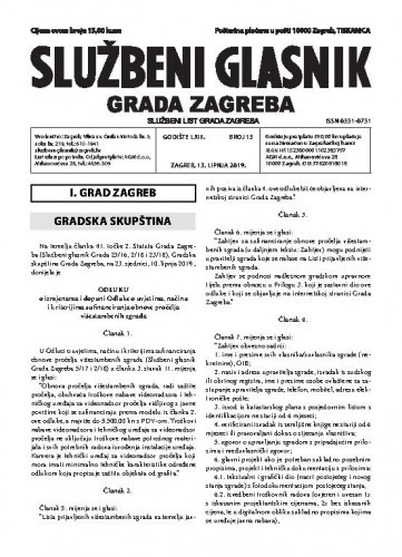 Službeni glasnik grada Zagreba : 63,13(2019) / glavna urednica Mirjana Lichtner Kristić.