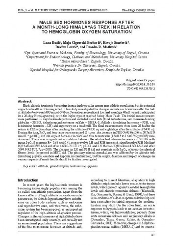 Male sex hormones response after a month-long Himalayas trek in relation to hemoglobin oxygen saturation /Lana Ružić, Maja Cigrovski Berković, Hrvoje Starčević, Dražen Lovrić, Branka R. Matković.