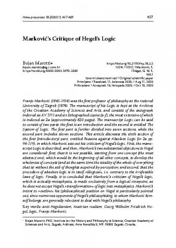 Marković’s critique of Hegel’s logic / Bojan Marotti.