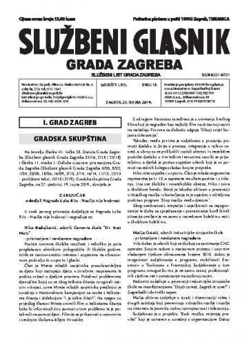 Službeni glasnik grada Zagreba : 63,18(2019) / glavna urednica Mirjana Lichtner Kristić.
