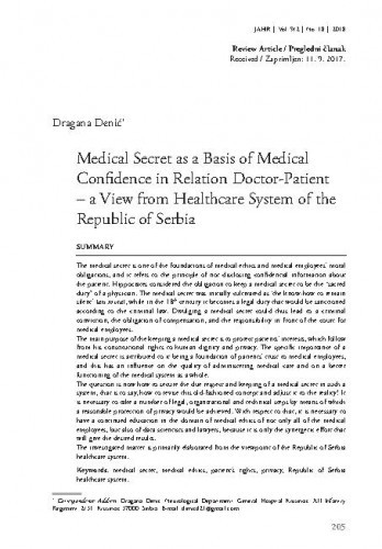 Medical secret as a basis of medical confidence in relation doctor-patient : a view from healthcare system of the Republic of Serbia / Dragana Denić.