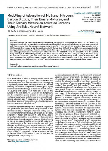 Modelling of adsorption of methane, nitrogen, carbon dioxide, their binary mixtures, and their ternary mixture on activated carbons using artificial neural network / Hadjer Barki, Latifa Khaouane, Salah Hanini.