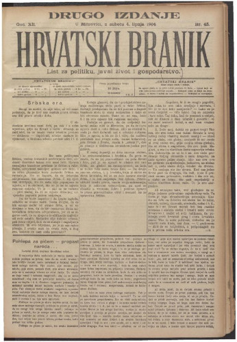 Hrvatski branik. God.12, br. 45 (4. lipnja 1904) (cenzurirano) 