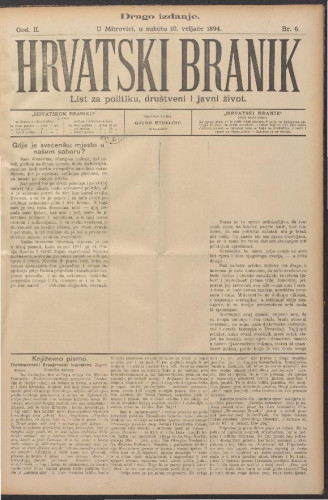 Hrvatski branik. God.2, br. 6(10. veljače 1894) (cenzurirano)
