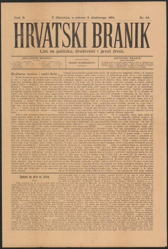 Hrvatski branik. God.2, br. 44(3. studenoga 1894) (izvorno)