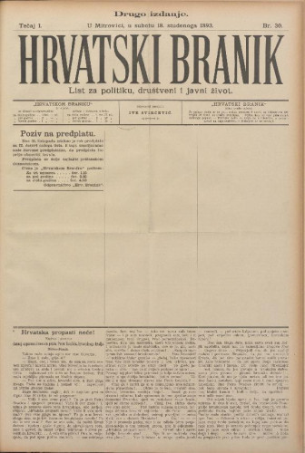 Hrvatski branik. Tečaj 1, br. 30(18. studenoga 1893) (cenzurirano)