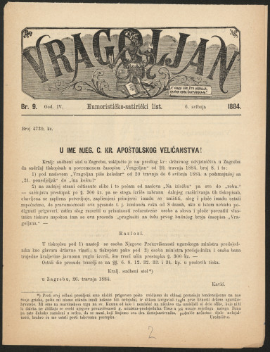 Cenzura časopisa Vragoljan 1884/9 (spis)