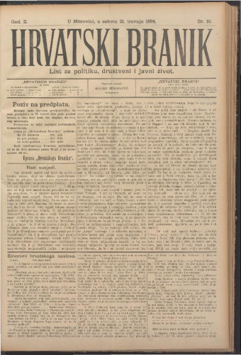 Hrvatski branik. God.2, br. 16(21. travnja 1894 (cenzurirano)