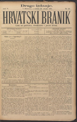 Hrvatski branik. God.5, br. 23(20. ožujka 1897) (cenzurirano)