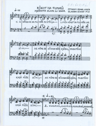 Kokot na fumaru : mješovita klapa ili zbor / glazba Dinko Fio ; tekst Izvor Oreb.