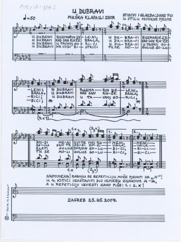 U dubravi   : muška klapa ili zbor  / stihovi i glazba Dinko Fio u stilu izvorne pjesme.