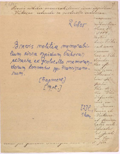 Brevis notitia memorabilium circa oppidum Vukovar  : extracta ex Protocollo memorandorum Conventus pp. Franciscanorum