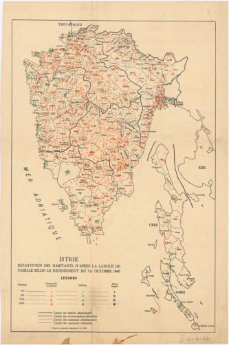 Istrie : repartition des habitants d'apres la langue de famille selon le recensement du 1 er octobre 1945.