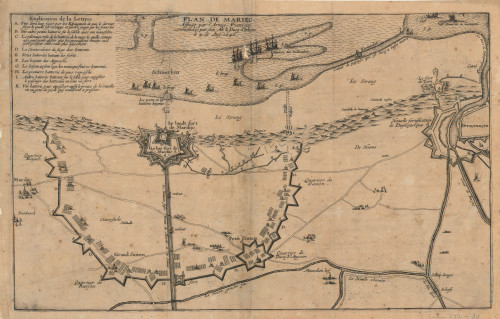 Plan de Mardic  : assiege par l'Armee Francaise commandée par son alt de ducq d'Orleans, le 4. de Aug. 1646.