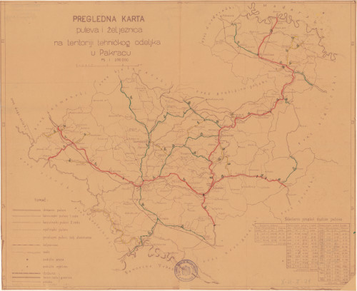 Pregledna karta puteva i željeznica na teritoriji tehničkog odeljka u Pakracu.